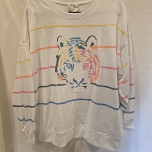 Fantastic Fawn White Sweatshirt with Multicolor Tiger Design